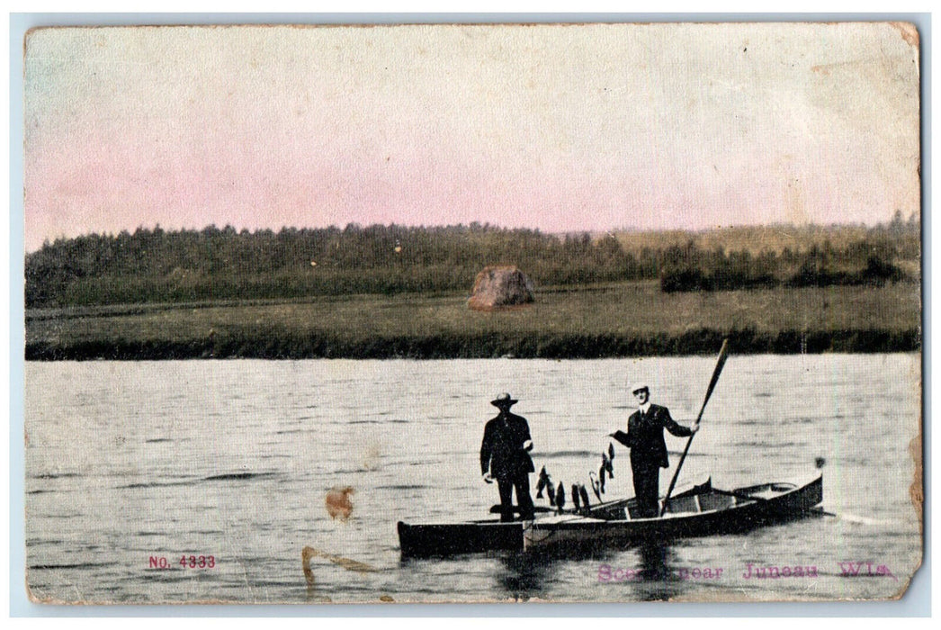 1912 Men Riding Boat Scene Near Juneau Wisconsin WI Antique Posted Postcard