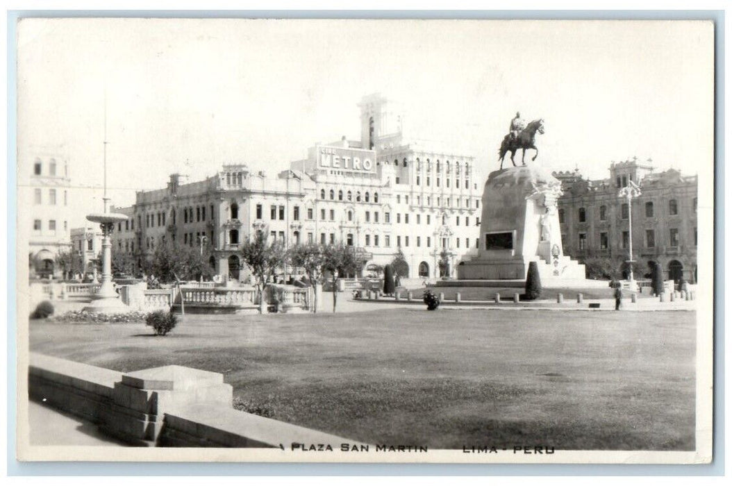 c1920's Plaza José de San Martin Statue Metro Lima Peru RPPC Posted Photo