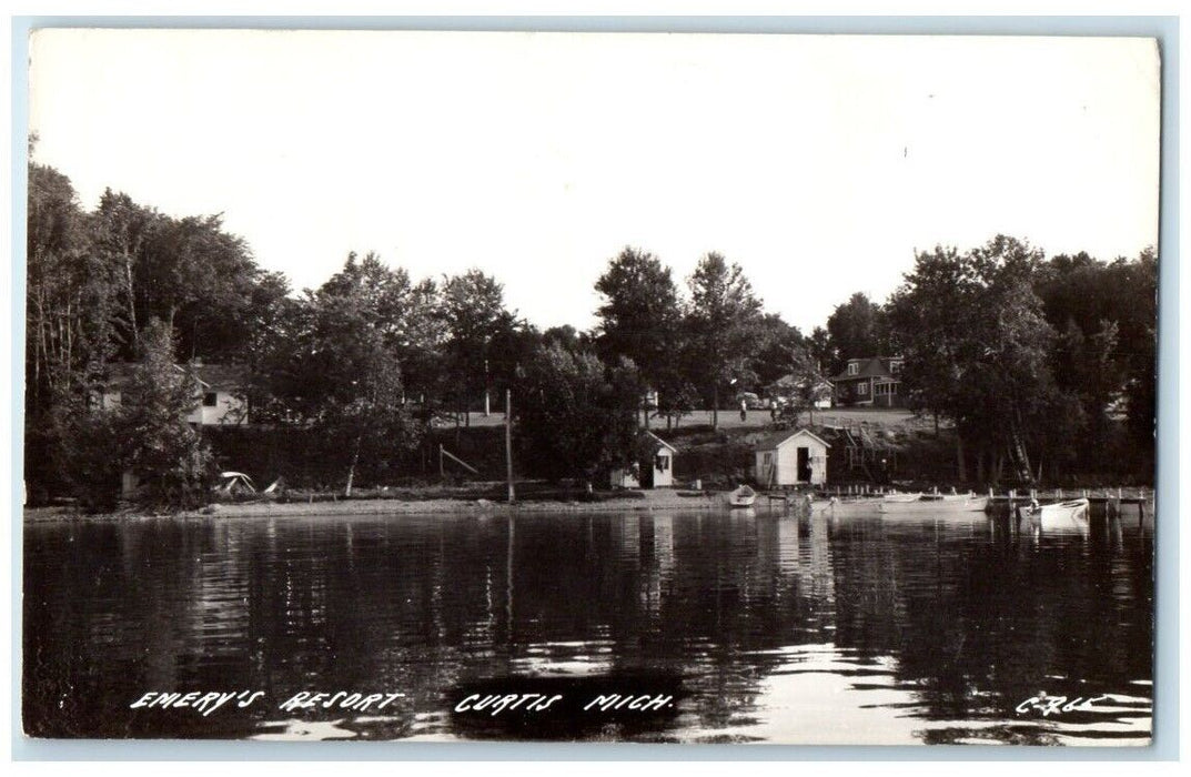 1940 Emery's Resort Lake Boat Dock View Curtis Michigan MI RPPC Posted Photo