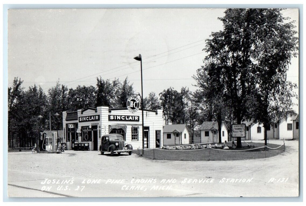 1946 Joslin's Lone Pine Cabins Sinclair Service Station Clare MI RPPC Photo