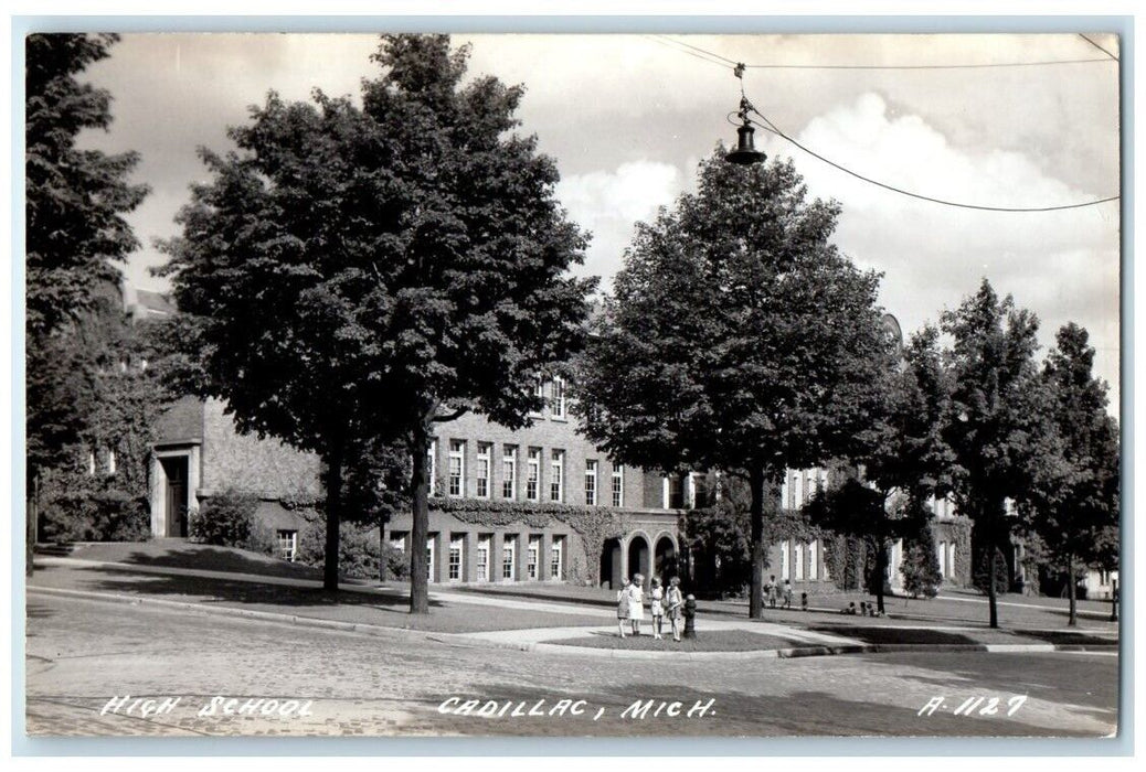 c1940's High School Building Students Fire Hydrant View Cadillac MI RPPC Photo