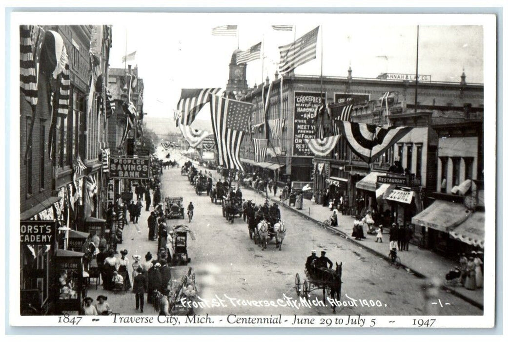 c1900 Front St. Patriotic Parade View Centennial Traverse City MI RPPC Photo