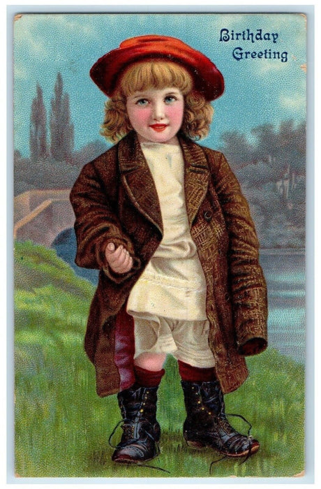 c1910's Birthday Greetings Boy Curling Hair Red Hat Mansfield Ohio OH Postcard