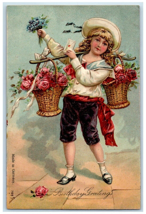 c1910's Birthday Greetings Girl With Basket Of Flowers Jewett Ohio OH Postcard