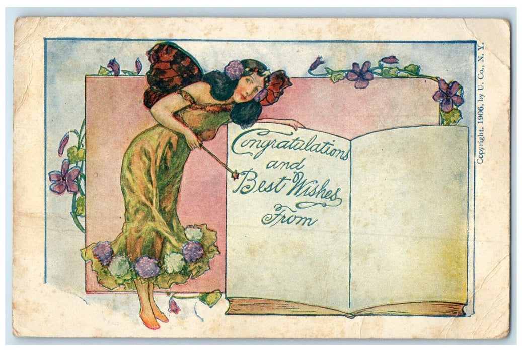 1908 Congratulations And Best Wishes Fairy Flowers Funk Ohio OH Antique Postcard