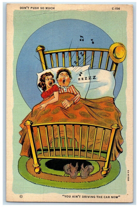 c1910s Couple Sleeping On Bed Man Snoring You Ain't Driving The Car Now Postcard