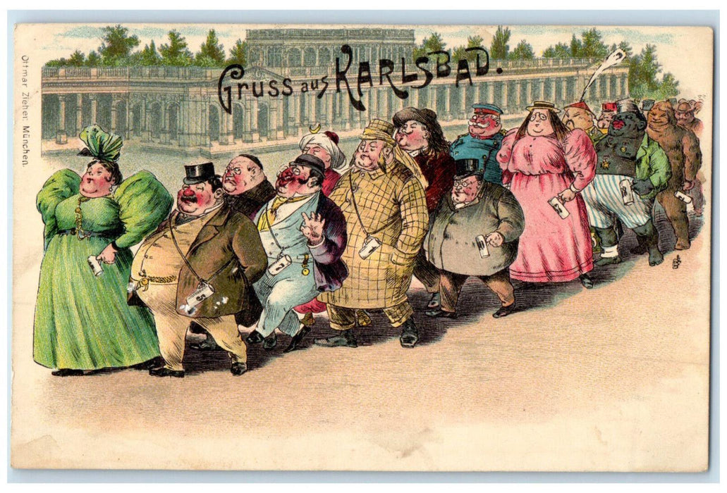 c1905 Falling in Line Greetings from Karlsbad Germany Antique Unposted Postcard