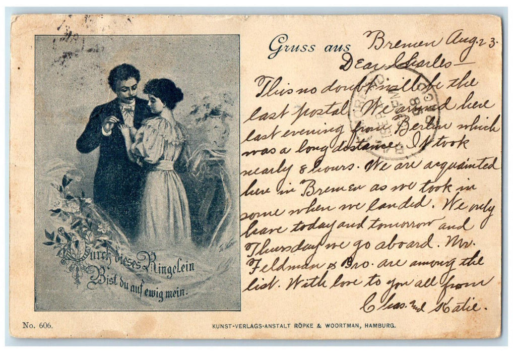 1898 Couple Women Wearing Ring Greetings from Bremen Germany Antique Postcard