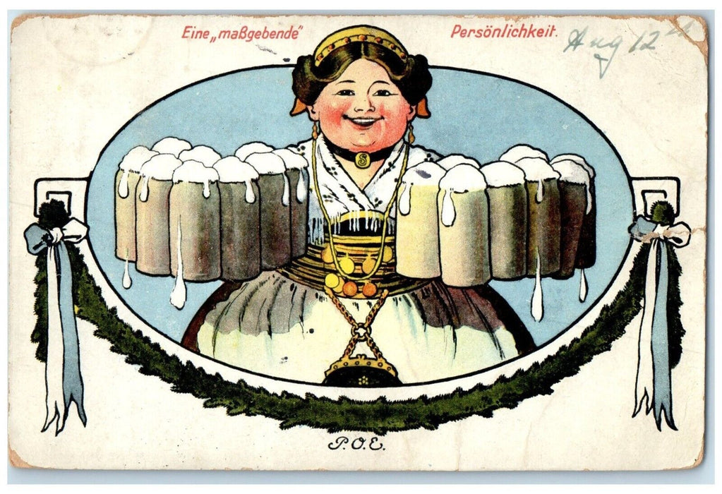 c1930's Fat Woman Holding Beers German Cleveland Ohio OH Posted Vintage Postcard