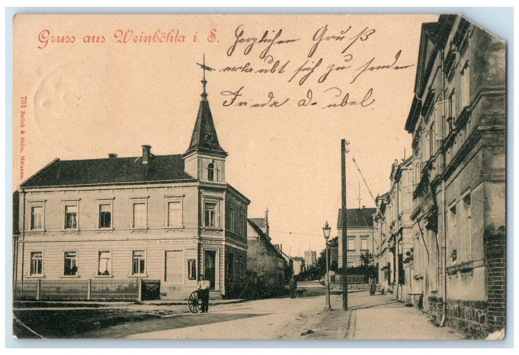 1900 View of Road Buildings Greetings from Weinbohla Saxony Germany Postcard