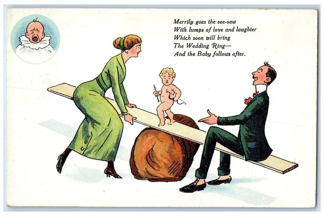 c1910's Couple Romance See Saw Planning Baby England Humor Antique Postcard