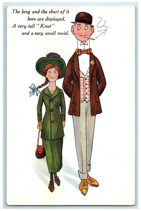 c1910's Couple Romance Tall Man Cigarette Smoking England Humor Antique Postcard