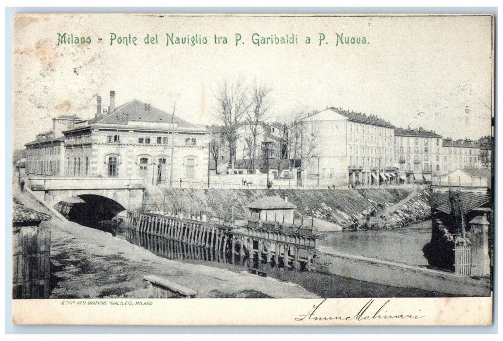 c1900's Naviglio Bridge Between P. Garibaldi and P. Nuova Milan Italy Postcard