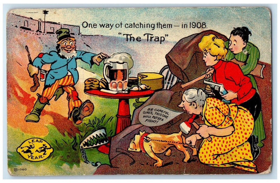 1908 Leap Year The Trap Beer Dog Sharon Pennsylvania PA Posted Antique Postcard