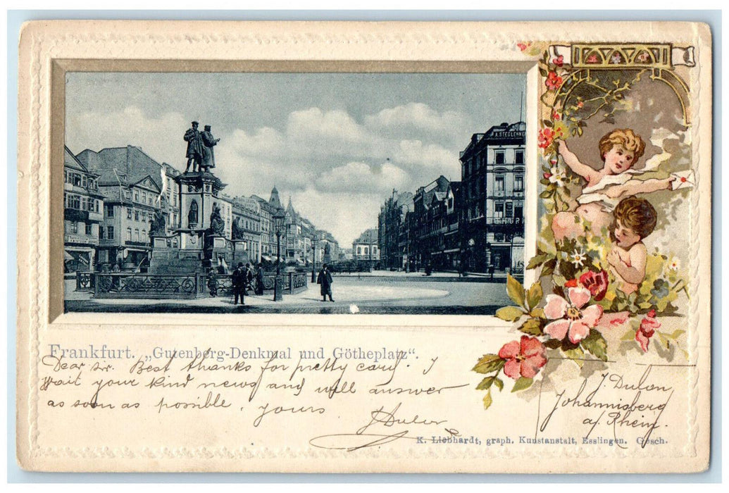 1901 Gutenberg Monument & Gotheplatz Frankfurt Germany Embossed Postcard