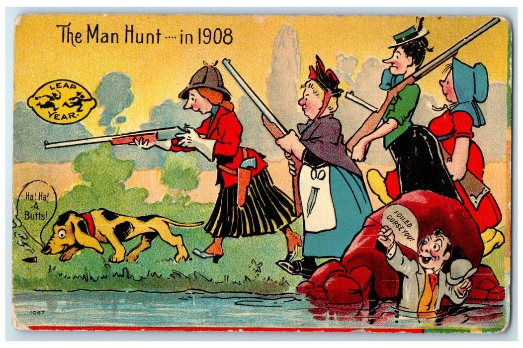 c1910's Leap Year The Man Hunt Dog Rifles Gun Unposted Antique Postcard