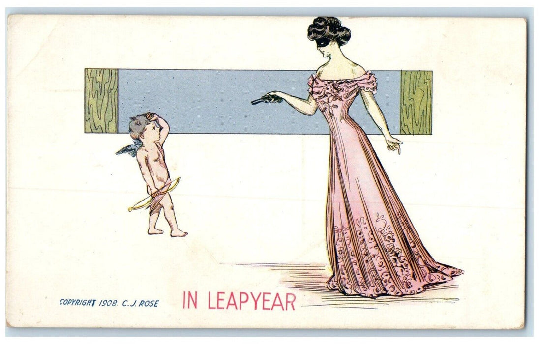 c1910's Leap Year Woman Eye Mask With Gun Cupid Angel Unposted Antique Postcard