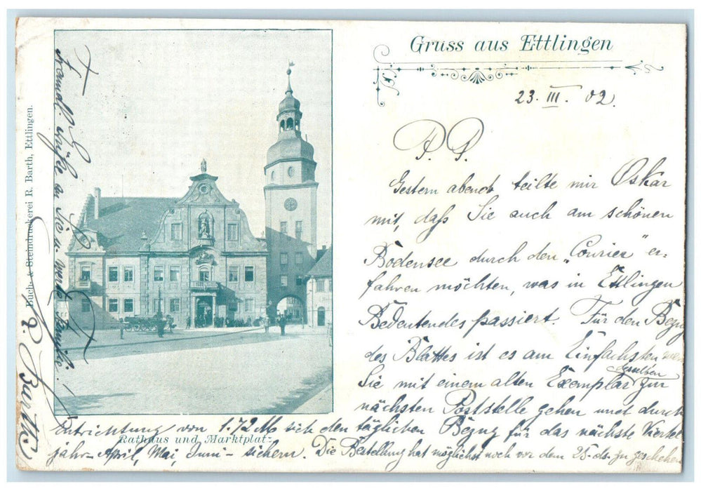 1902 City Hall and Market Square Greetings from Ettlingen Germany Postcard