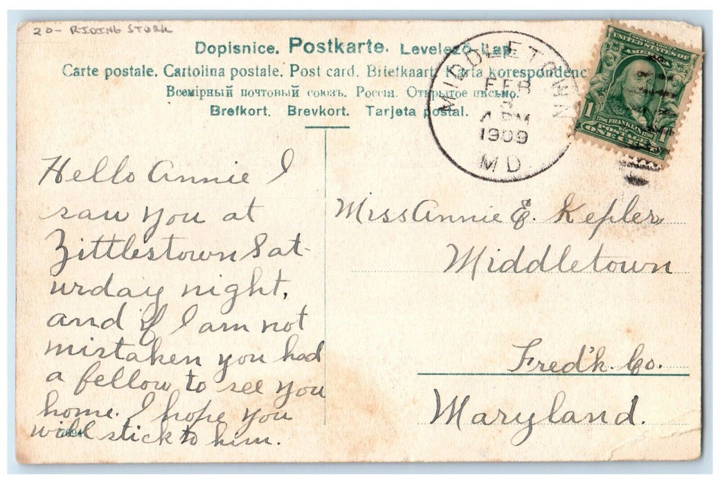 1909 Little Girl Riding Stork On Top Of Roof Middletown MD Antique Postcard