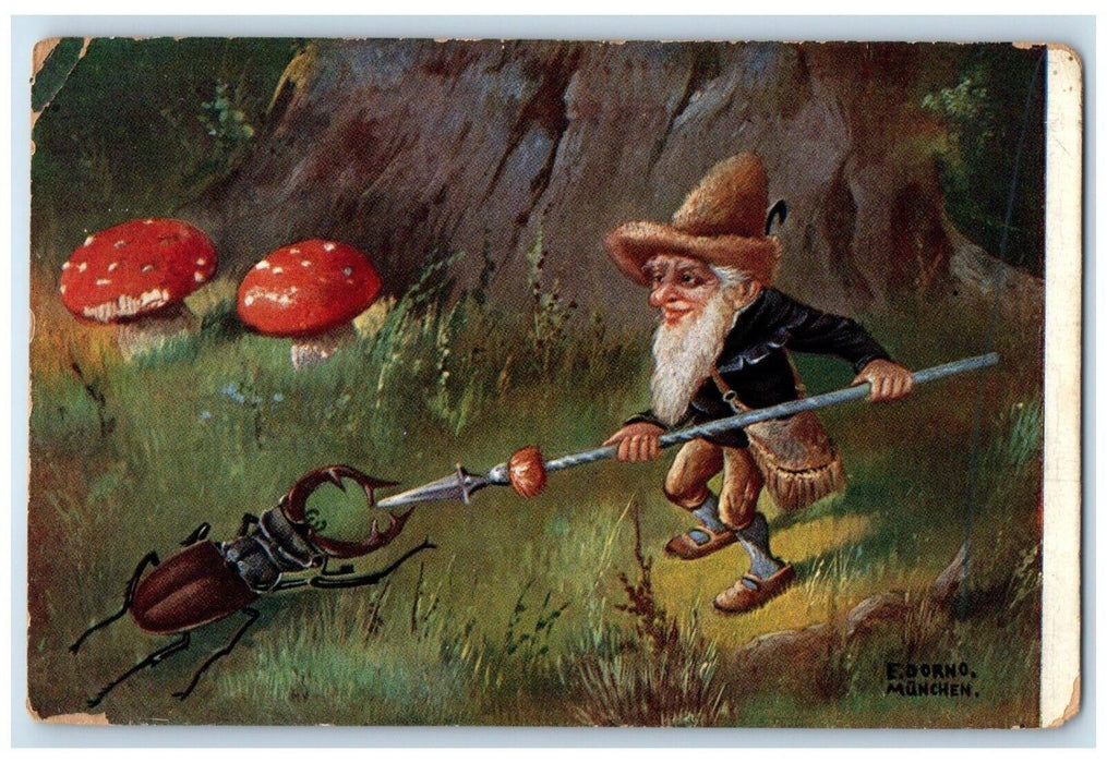 1922 Fantasy Mushroom Gnome Beatle Brighton Illinois IL Posted Vintage Postcard