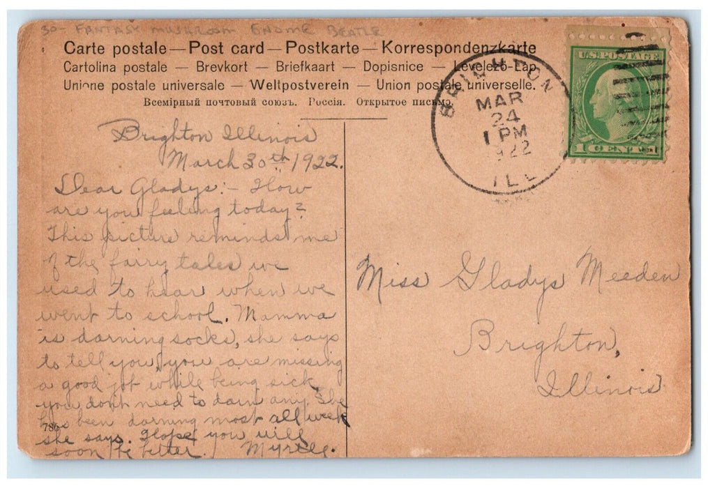1922 Fantasy Mushroom Gnome Beatle Brighton Illinois IL Posted Vintage Postcard
