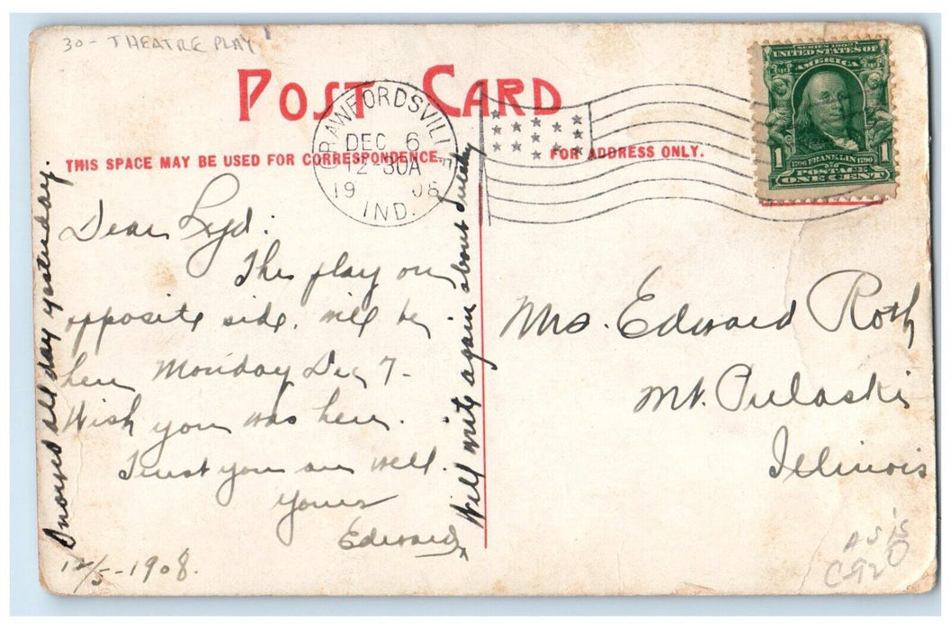 1908 Scene From The Delightful Comedy Theatre Play Crawfordsville IN Postcard