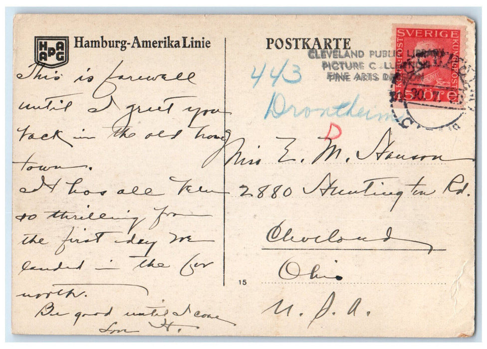 c1920's Street in Trondheim Norway Posted Hamburg-Amerika Line Postcard