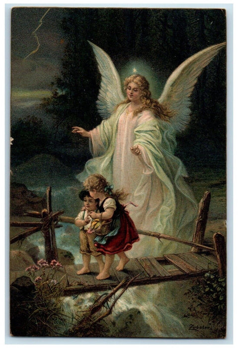 c1910's Children Passing By Wooden Bridge Angel Guided Posted Antique Postcard