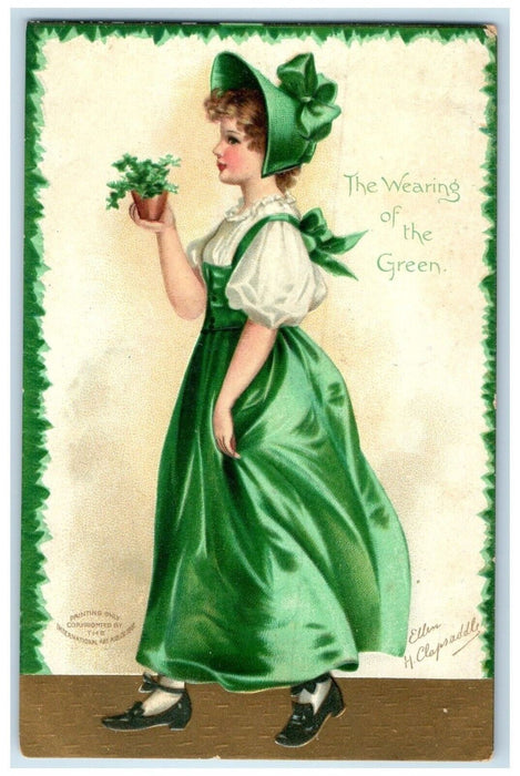 c1910's St. Patrick's Day Girl With Shamrock Embossed Clapsaddle Posted Postcard