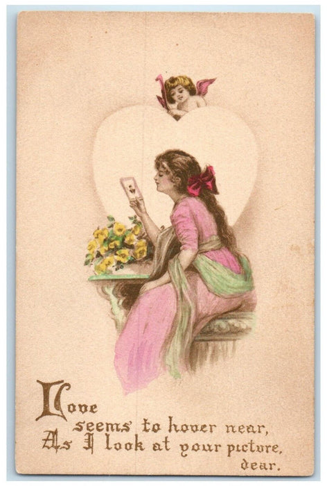 c1910's Valentine Pretty Woman Looking Picture Big Heart Cupid Angel Postcard