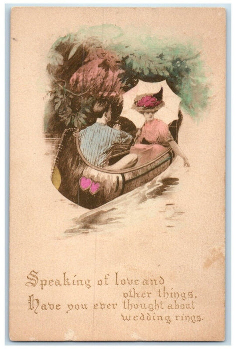 c1910's Valentine Sweet Couple Romance Boat Canoeing Unposted Antique Postcard