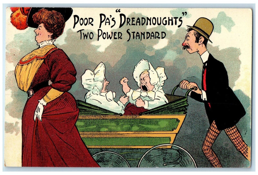 c1910's Poor Pa's Dreadnoughts Twin Babies Crying Comic Humor Antique Postcard