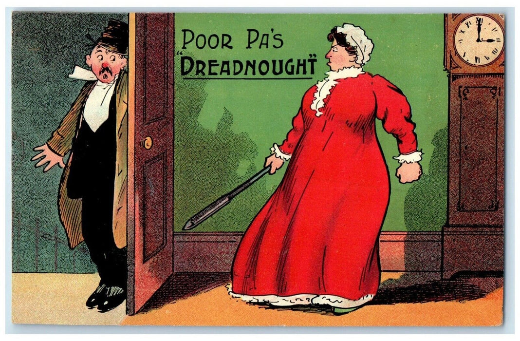 c1910's Poor Pa's Dreadnoughts Angry Wife Comic Humor Unposted Antique Postcard
