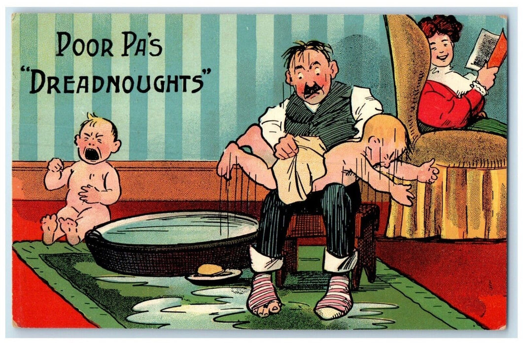 c1910's Poor Pa's Dreadnoughts Bathing Crying Kids Comic Humor Antique Postcard