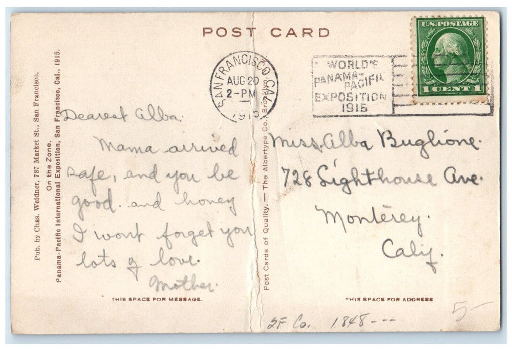 1915 On The Zone Panama Pacific International Exposition San Francisco Postcard