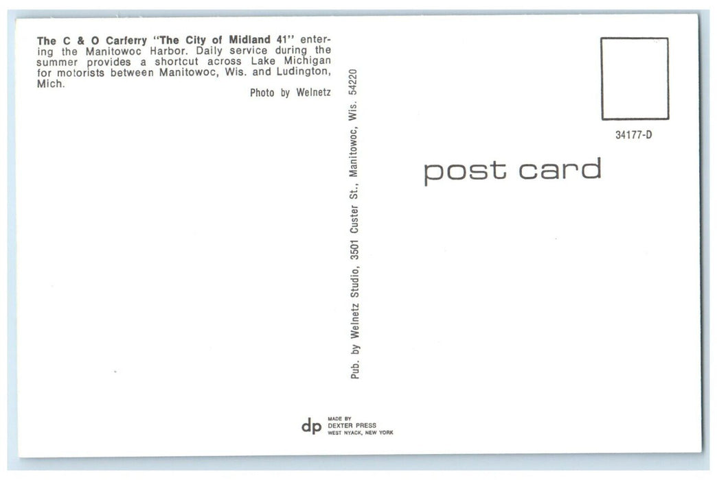 The C & O Carferry The City Of Midland 41 Entering Manitowoc Harbor Postcard