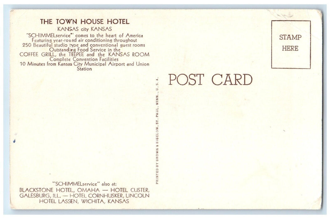 c1940 Town House Hotel Under Schimmel Direction Kansas City Kansas KS Postcard