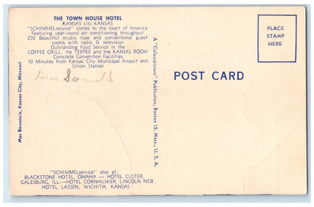 1940 Exterior View Town House Hotel Building Kansas City Kansas Antique Postcard