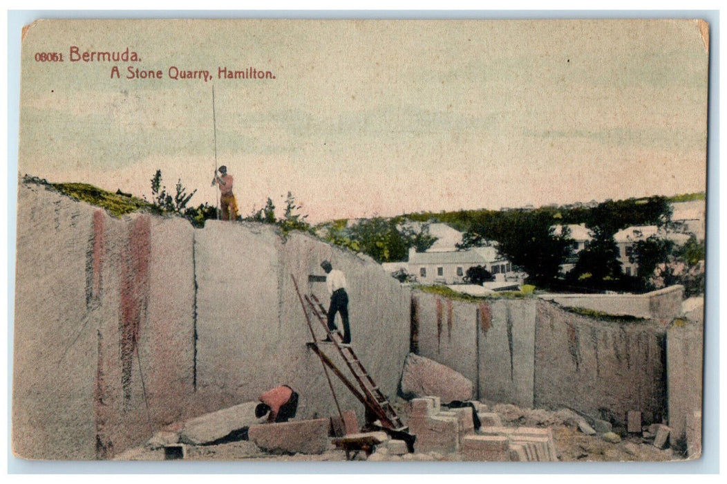 c1910 Men at Work A Stone Quarry Hamilton Bermuda Posted Antique Postcard