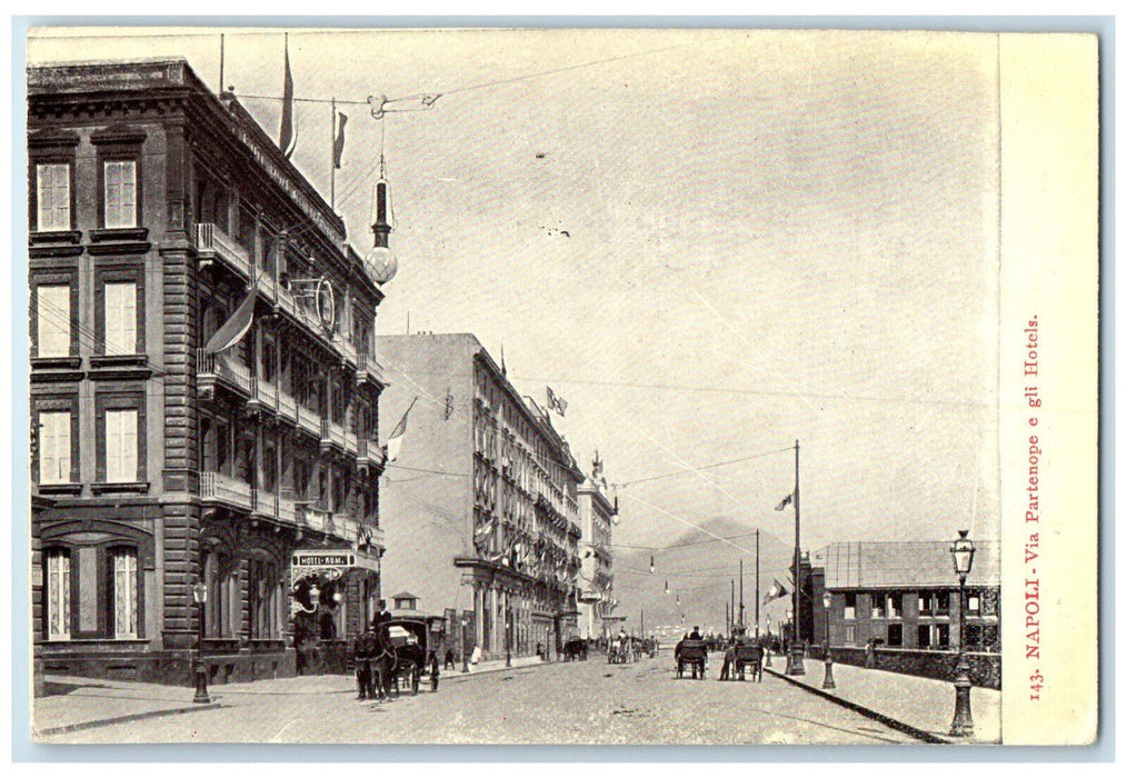 1911 Road Scene Via Partenope e Gli Hotels Napoli Italy Unposted Postcard