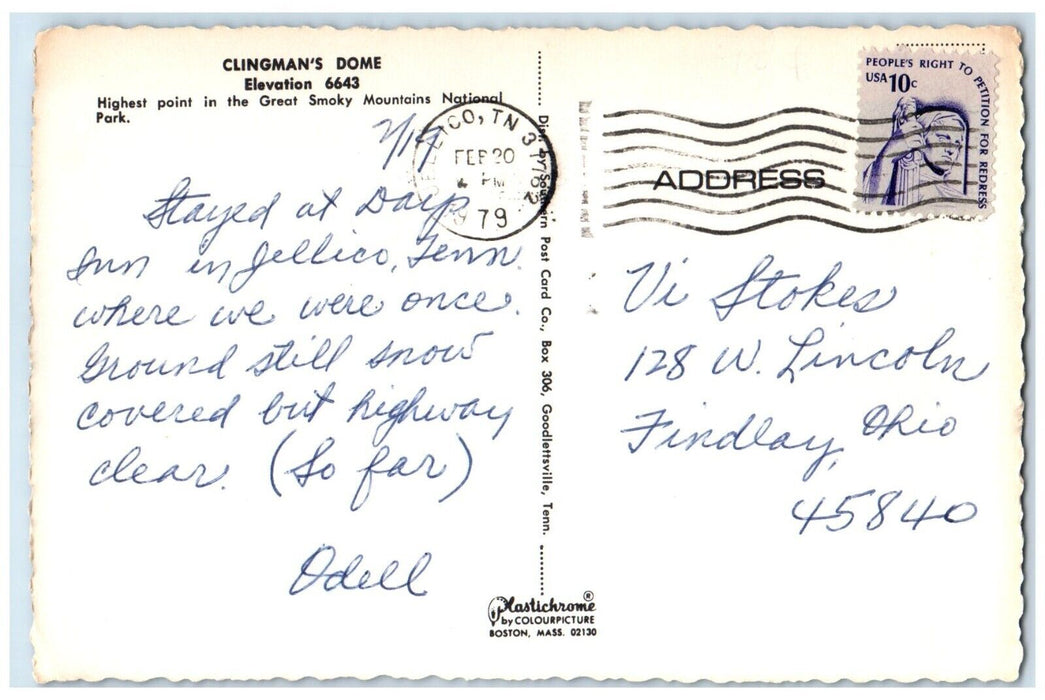 1979 Clingmans Dome Elev 6643 Great Smoky Mountains National Park Postcard