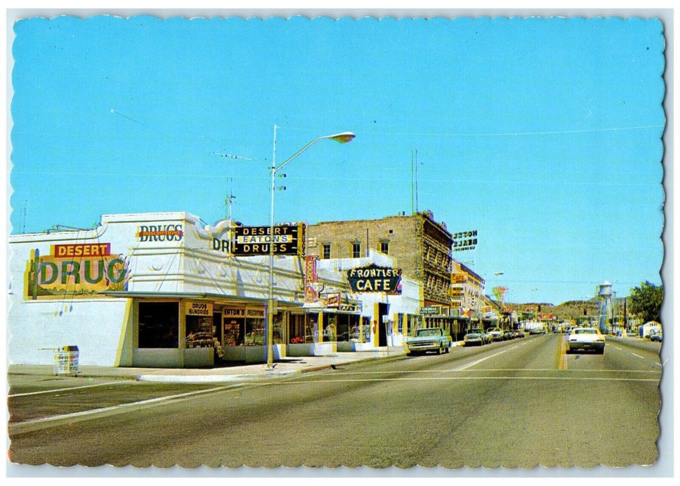 c1970's Main Street View Drugs Store Frontier Cafe Cars Kingman AZ Postcard