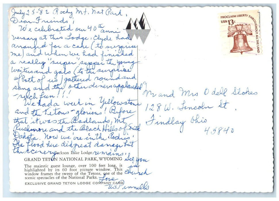 1982 Grand Teton National Park WY, Interior View Majestic Lounge Posted Postcard