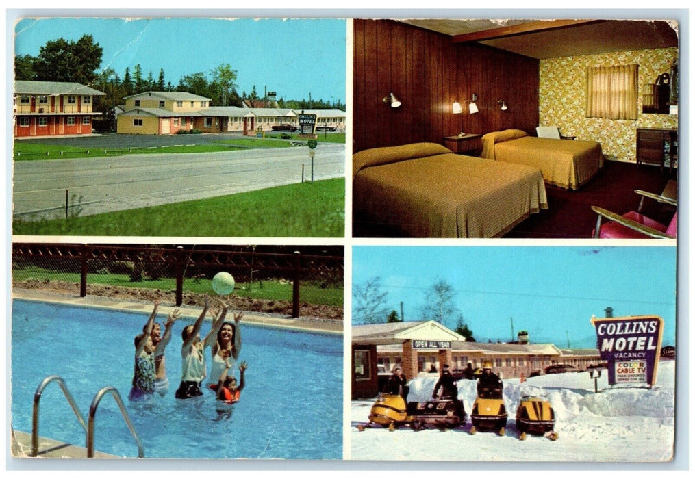 c1970's Collins Motel Pool Room View St. Ignace Michigan MI, Multiview Postcard