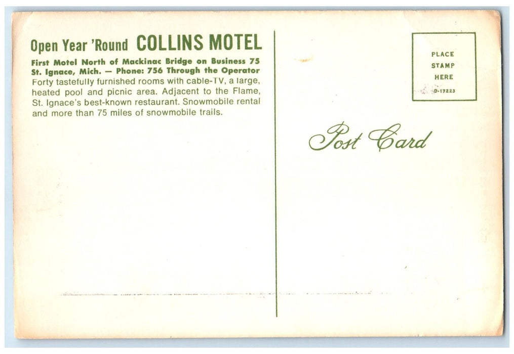 c1970's Collins Motel Pool Room View St. Ignace Michigan MI, Multiview Postcard