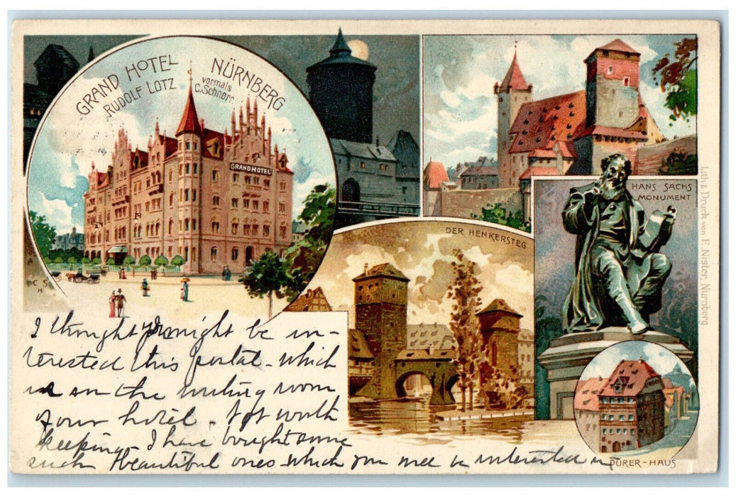 1908 Grand Hotel Nuremberg Germany Rudolf Lotz Multiview Antique Postcard
