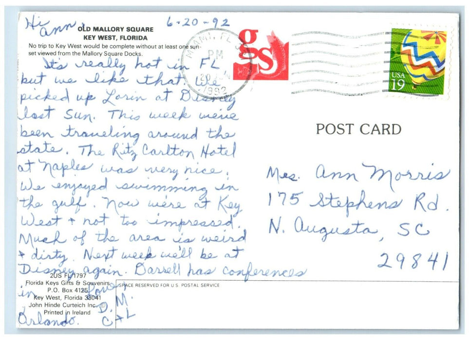 1992 Old Mallory Square Key West Florida FL, Multiview Posted Antique Postcard