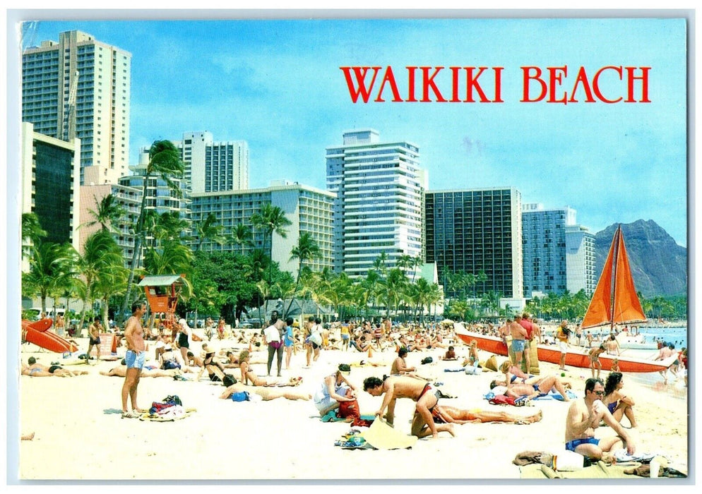 1985 Waikiki Beach Honolulu Hawaii HI, Sand Surf Palm Trees Vintage Postcard
