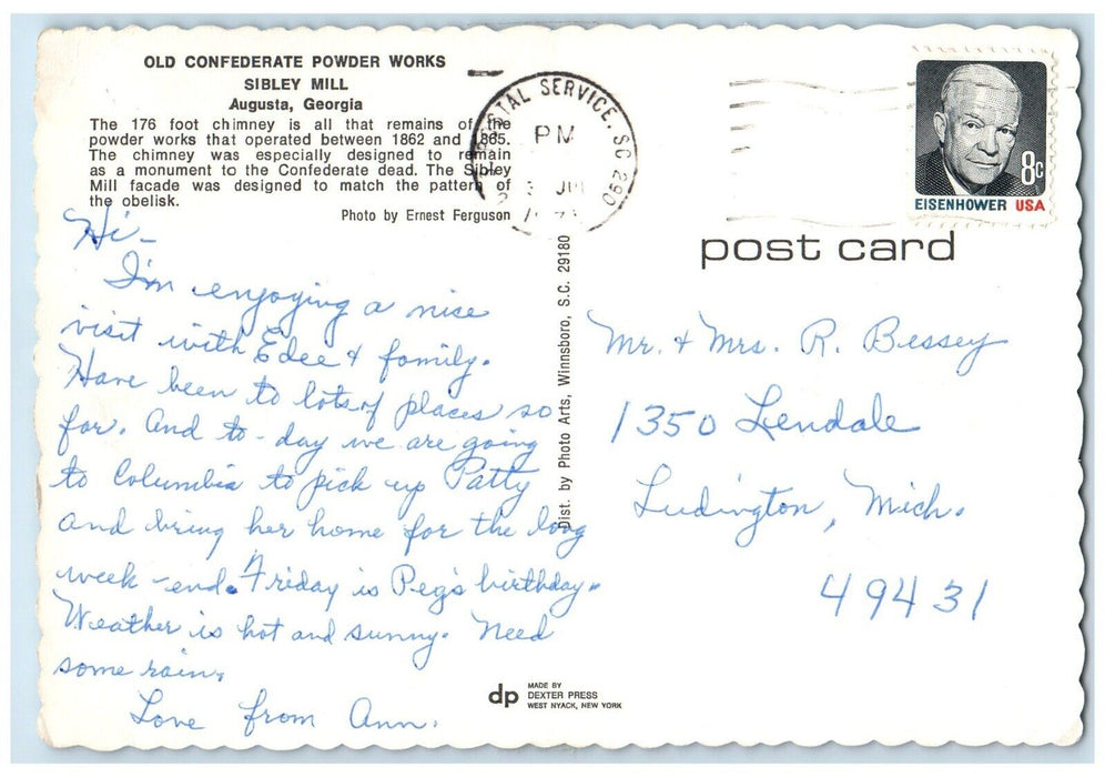 1971 Old Confederate Powder Works Sibley Mill Augusta Georgia GA Posted Postcard