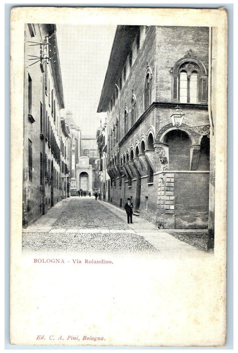 c1905 Man Walking Scene Via Rolandino Bologna Italy Unposted Antique Postcard
